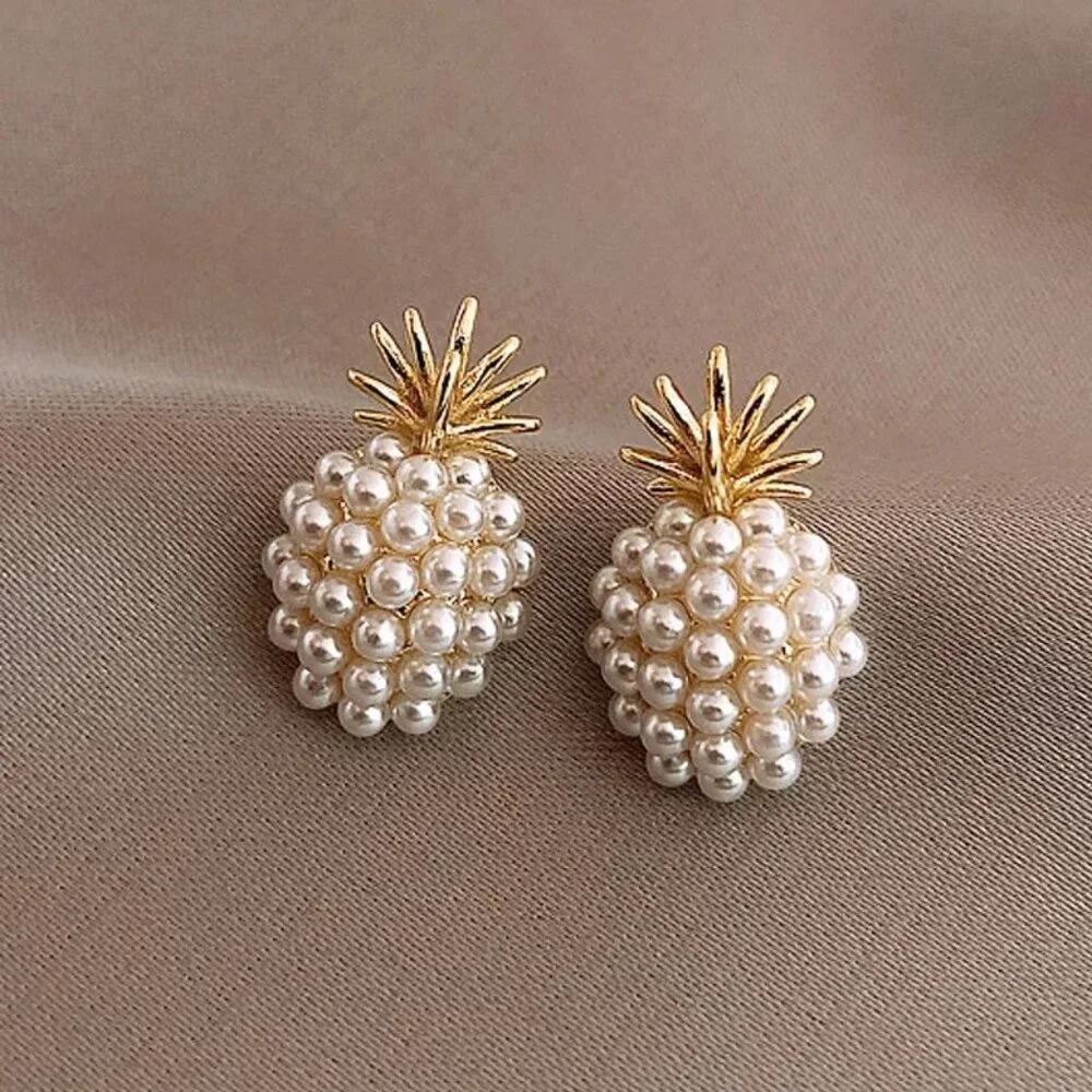 3/$35 NEW Pineapple Earrings Post Gold Tone Pearl Tropical Beach Vacation - Picture 5 of 9